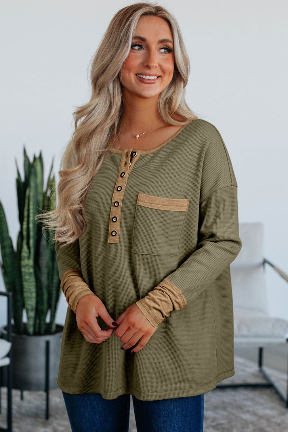 Top tunique henley vert gaufré à manches longues