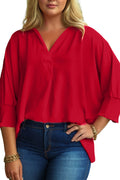 Fiery Red Plus Size Shirred Cuff Dolman Oversized Tunic Blouse