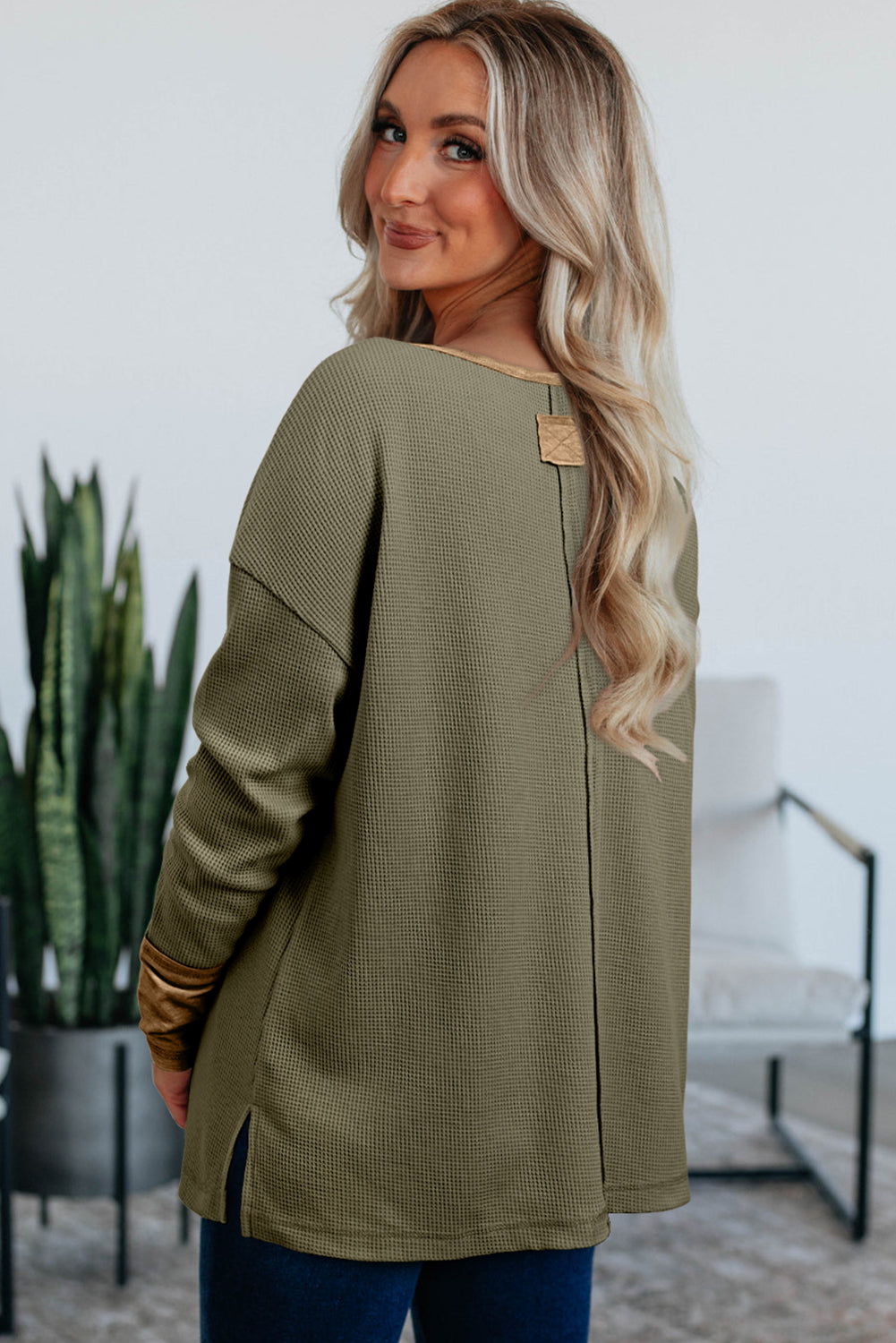 Top tunique henley vert gaufré à manches longues