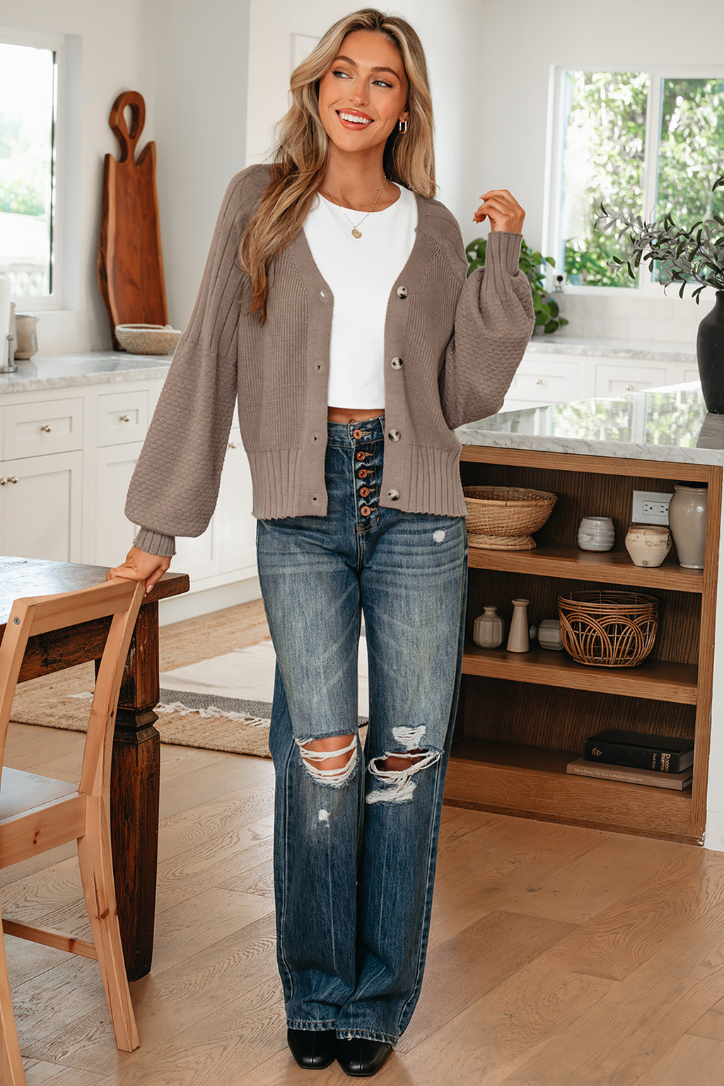 Light Pink Mixed Texture Knit Button V Neck Sweater Cardigan