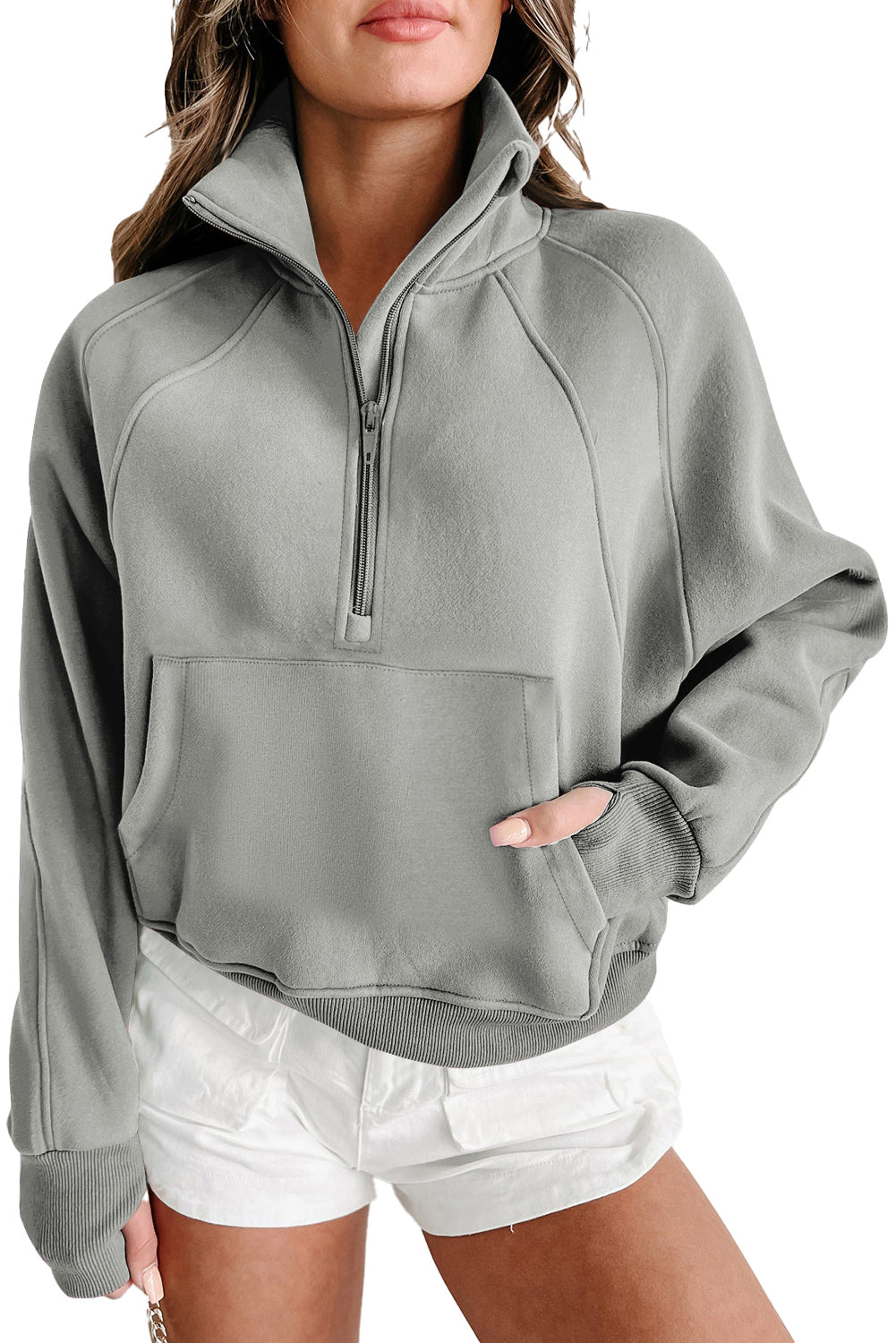Phalaenopsis Zip Up Stand Collar Ribbed Thumbhole Sleeve Sweatshirt
