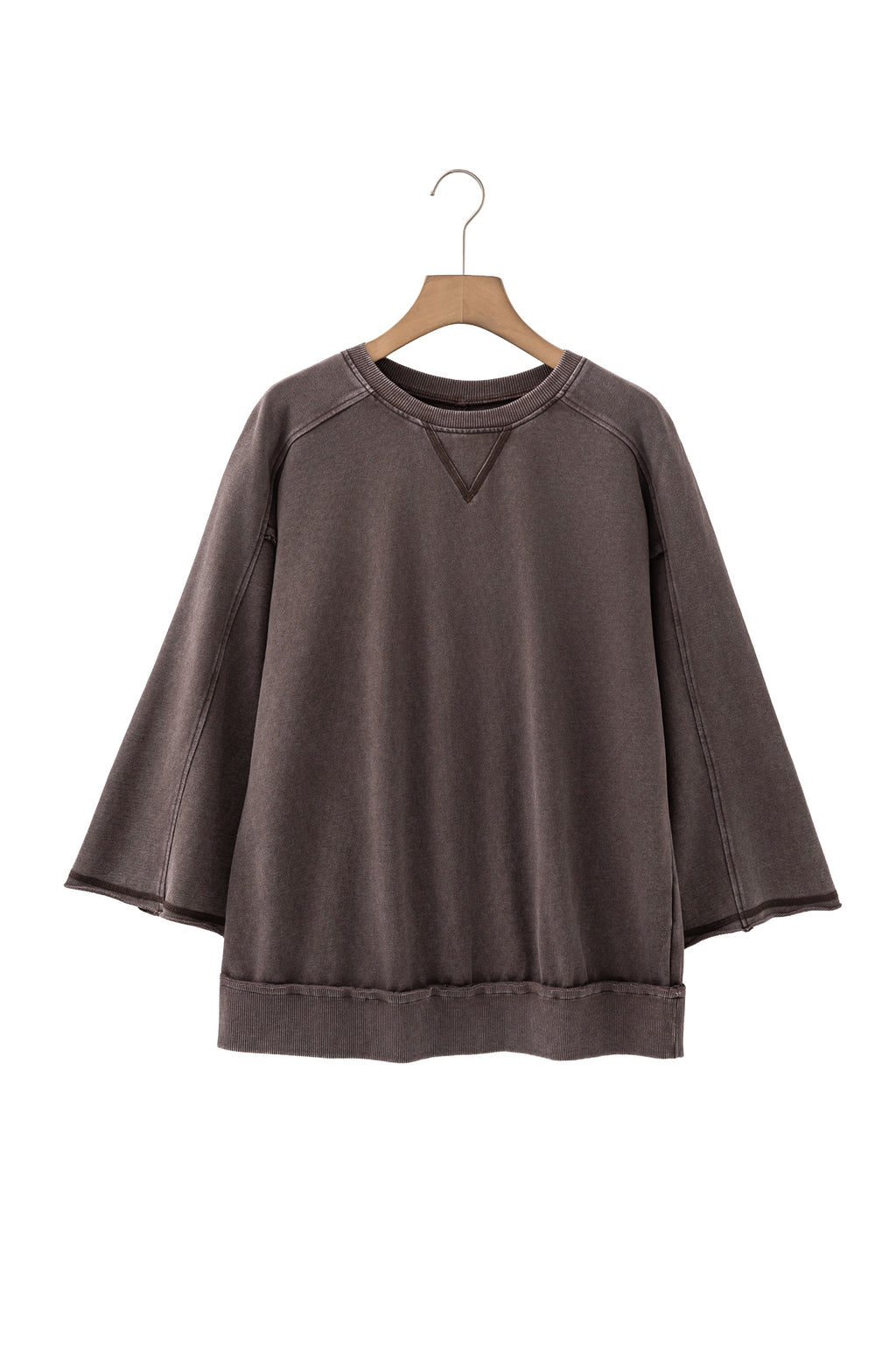 Dark Brown 3/4 Sleeve Mineral Wash Loose Cotton Top