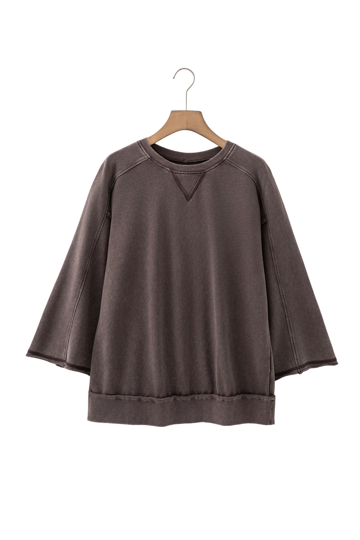 Dark Brown 3/4 Sleeve Mineral Wash Loose Cotton Top