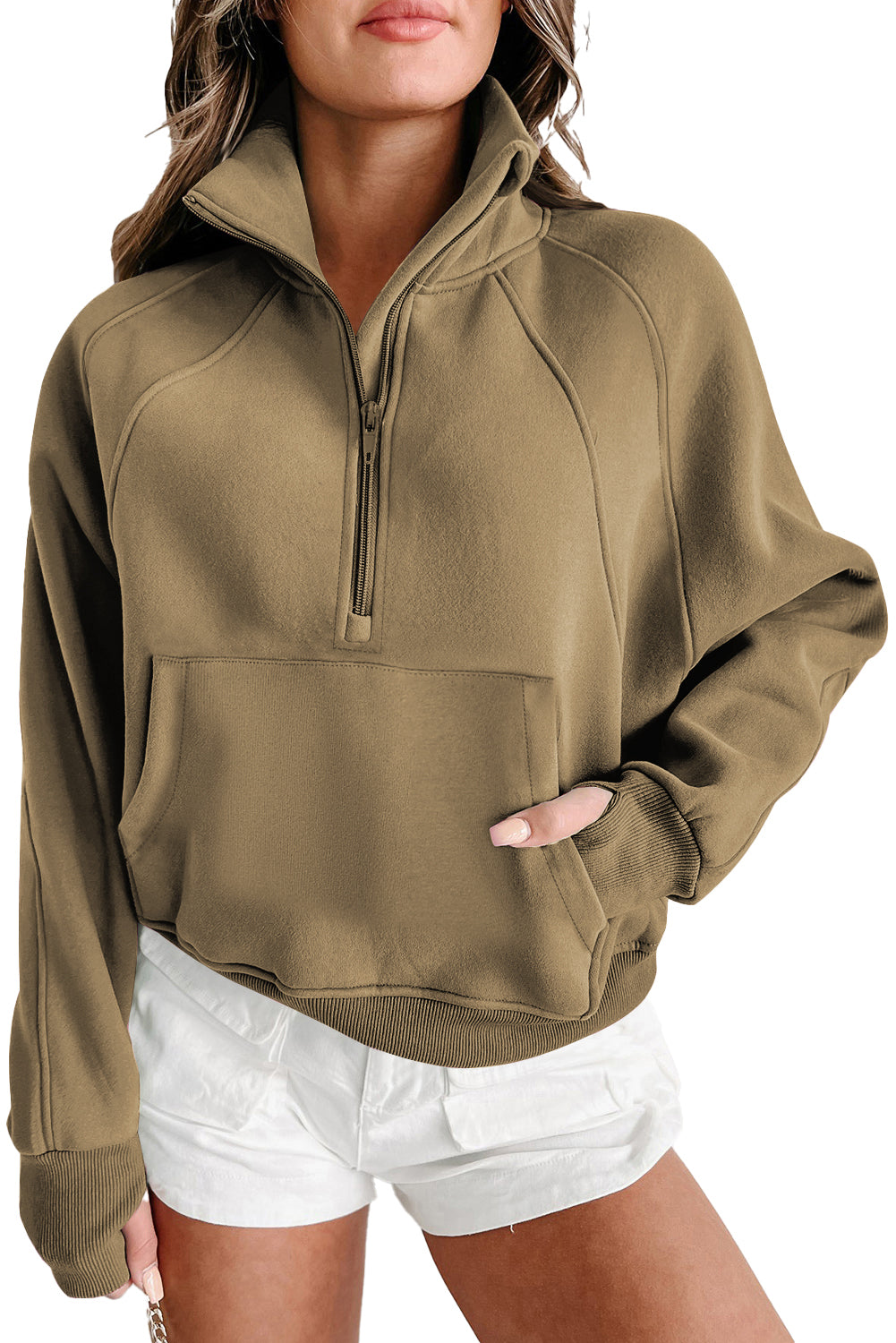 Phalaenopsis Zip Up Stand Collar Ribbed Thumbhole Sleeve Sweatshirt