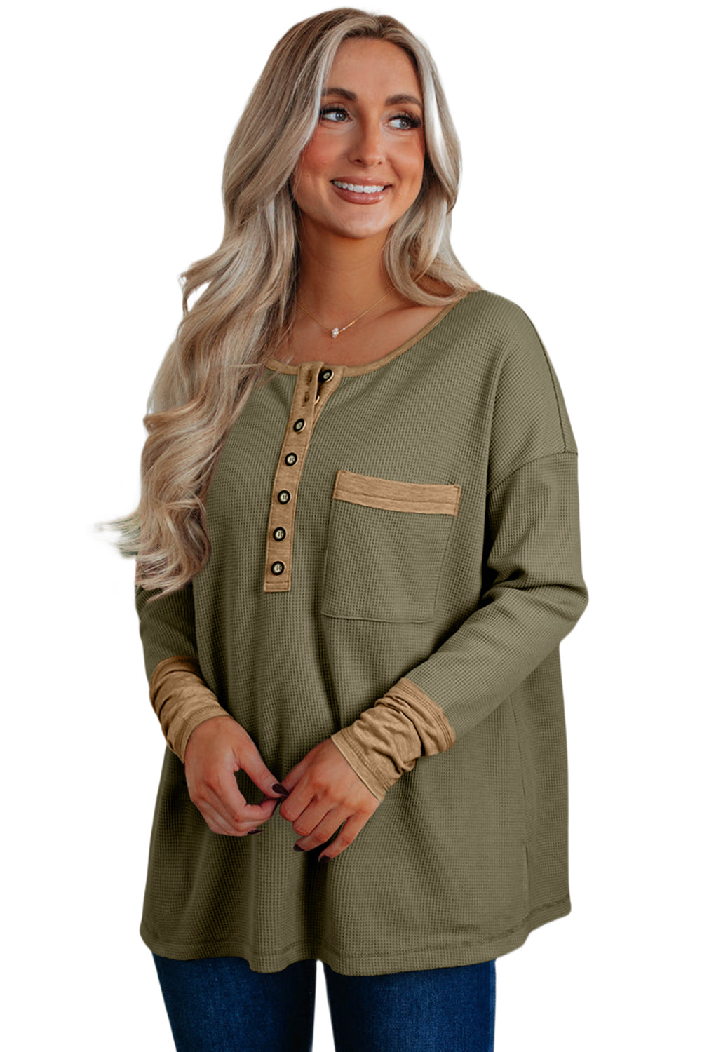 Top tunique henley vert gaufré à manches longues
