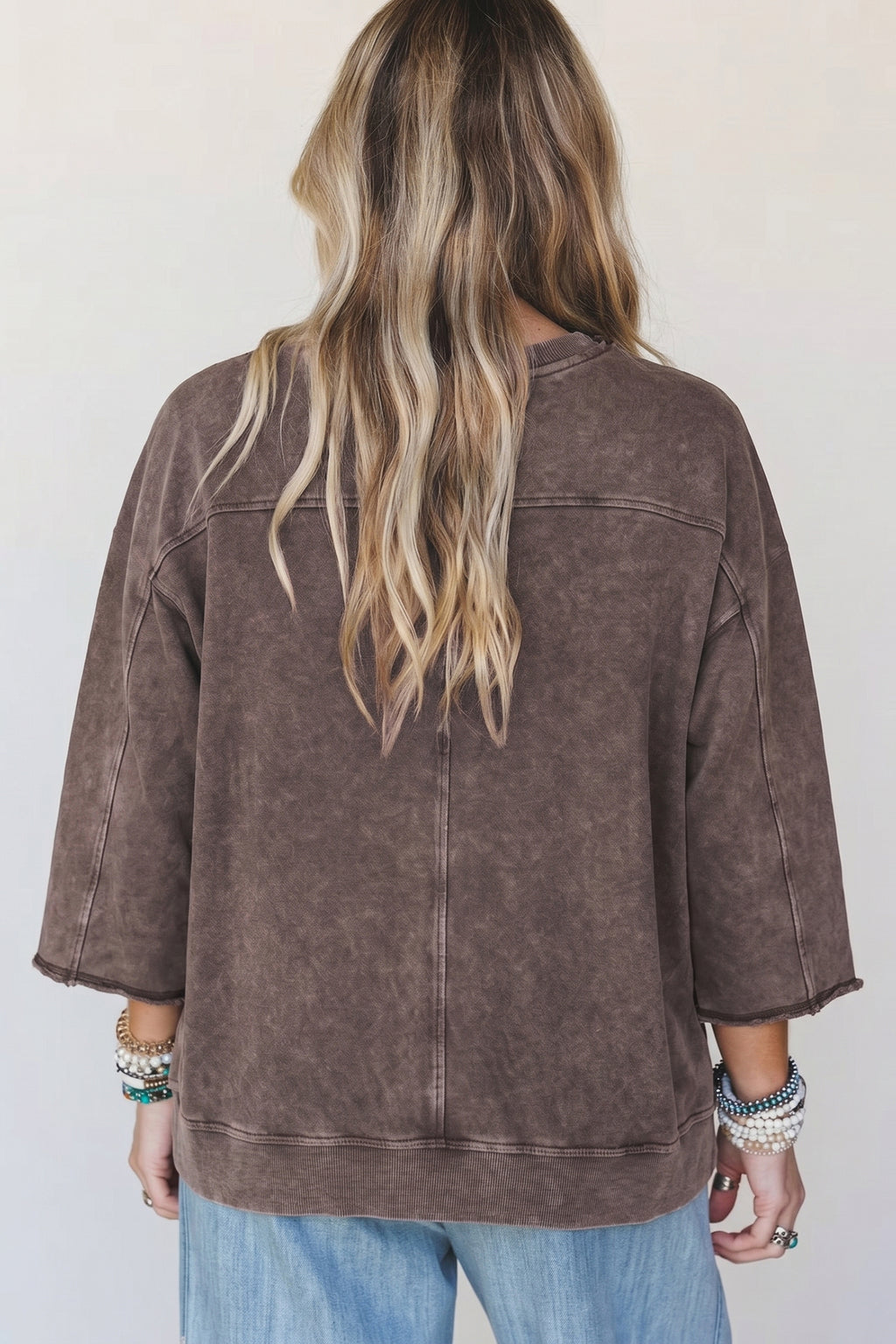 Dark Brown 3/4 Sleeve Mineral Wash Loose Cotton Top
