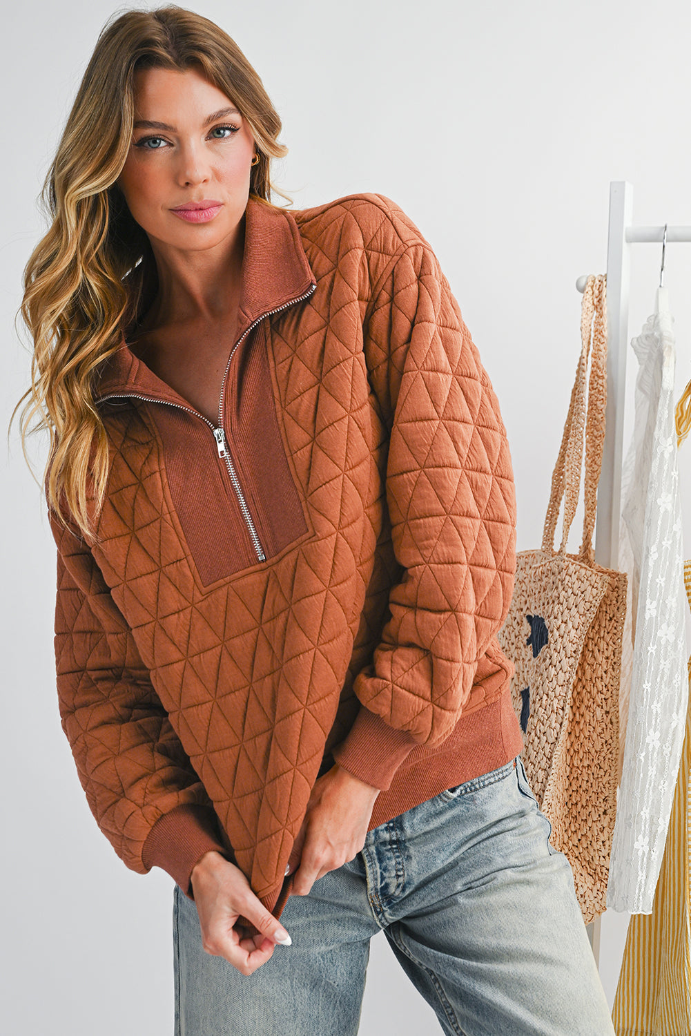 Sweat à col zippé texturé jaune paille — manches longues