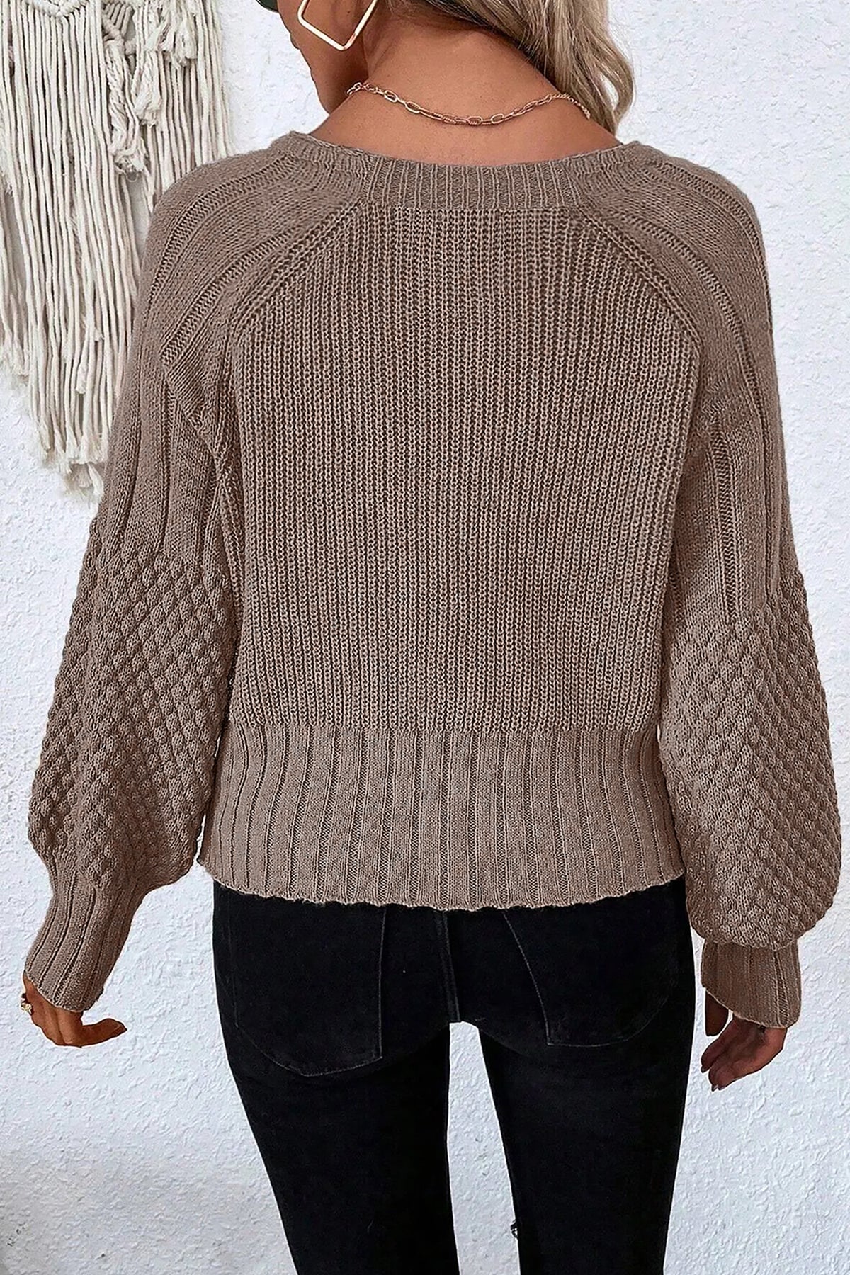 Light Pink Mixed Texture Knit Button V Neck Sweater Cardigan