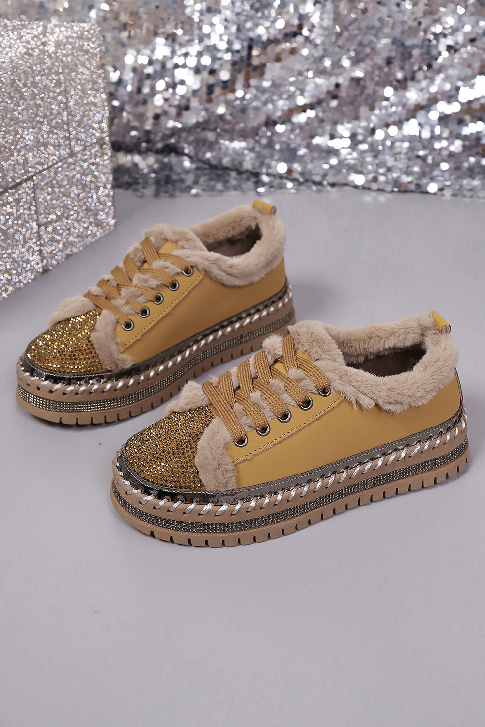 Thai Curry Fur Trimmed Patchwork Lace Up Platform Sneakers
