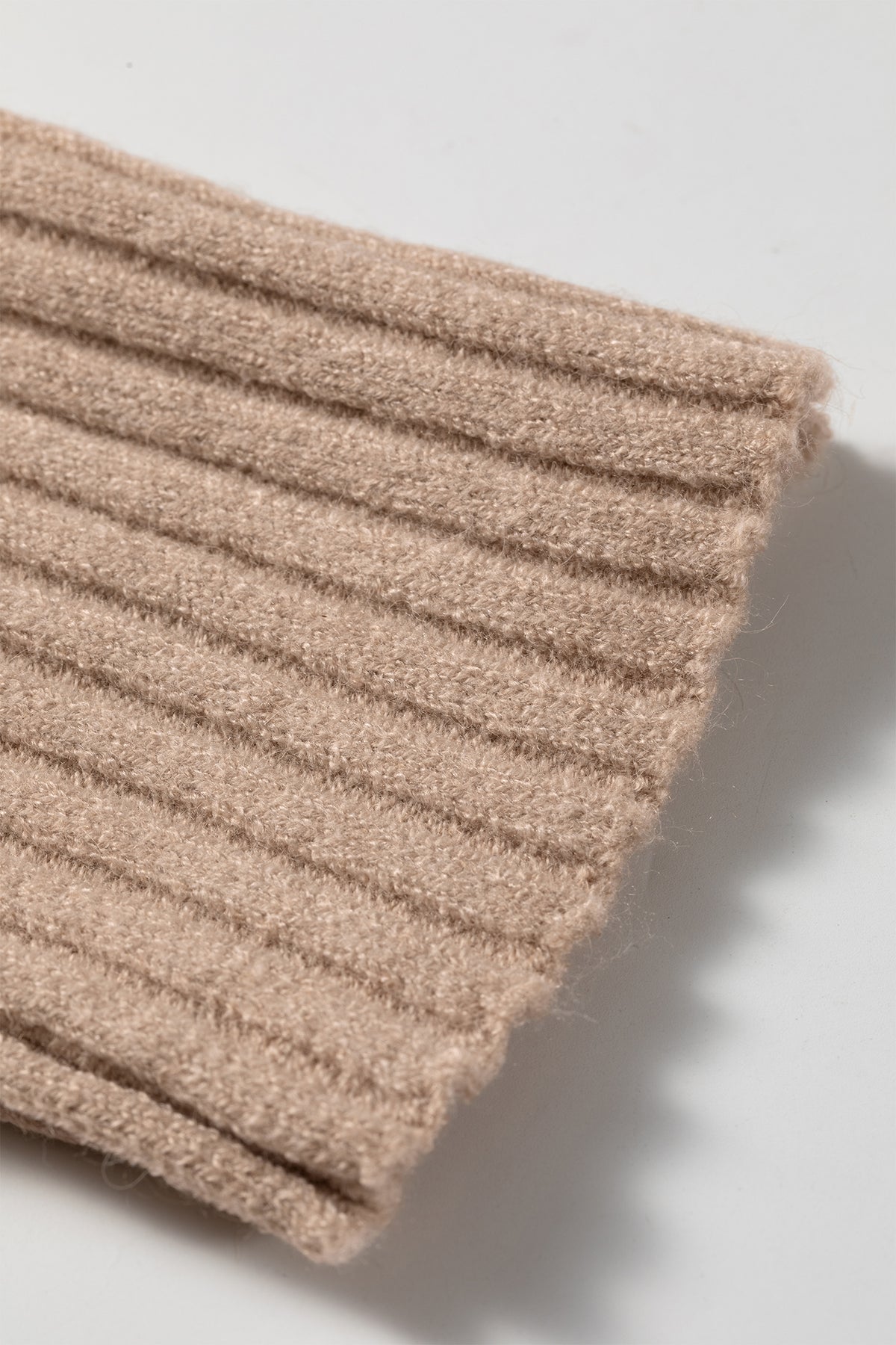 Beige Ribbed Trim High Neck Short Sleeve Casual Sweater