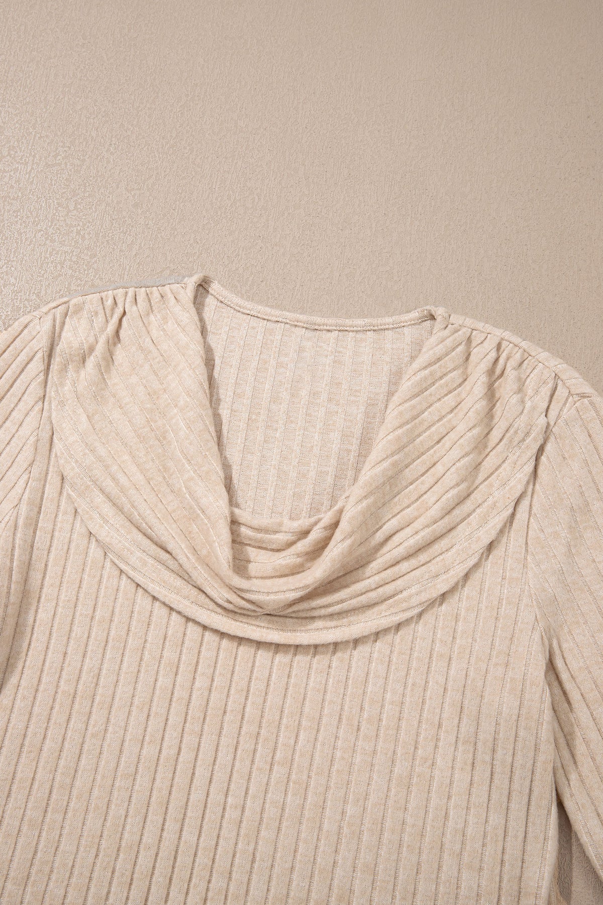 Apricot Solid Color Ribbed Knit Cowl Neck Long Sleeve Top