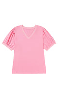 Bonbon V Neck Pleated Short Puff Sleeve Plus Size Blouse