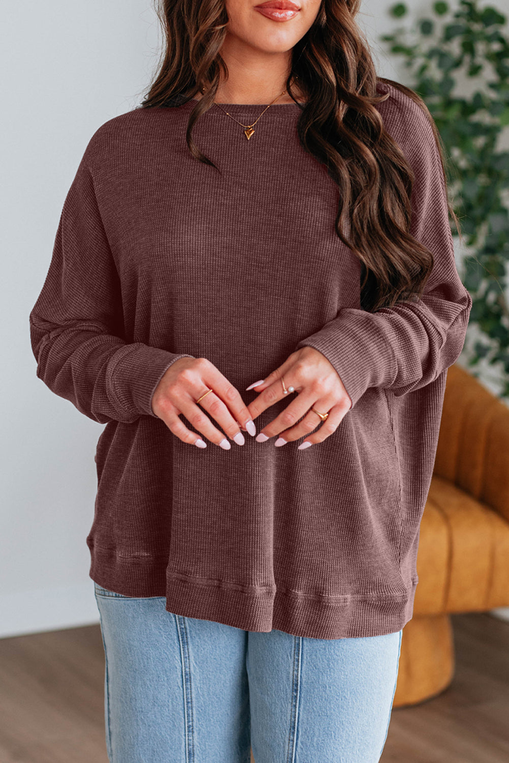 Top en maille gris anthracite à manches longues — coupe ample