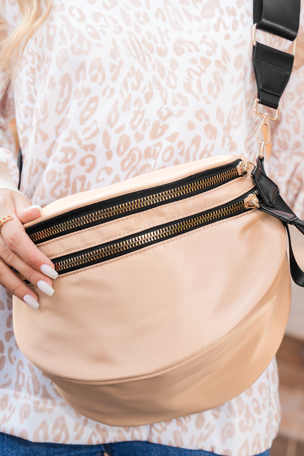 Bright Pink Strap Double Zipper Crossbody Bag