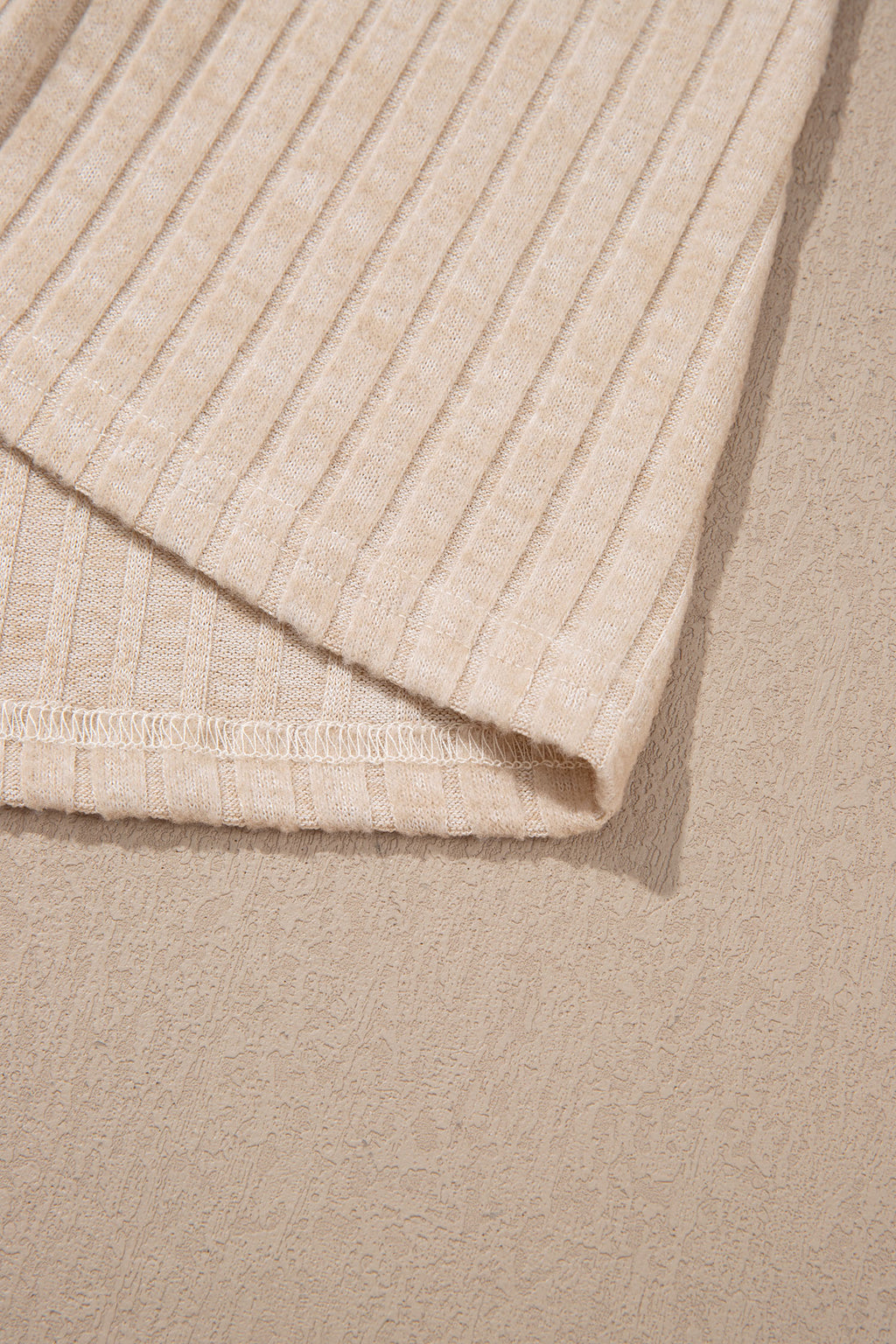 Apricot Solid Color Ribbed Knit Cowl Neck Long Sleeve Top