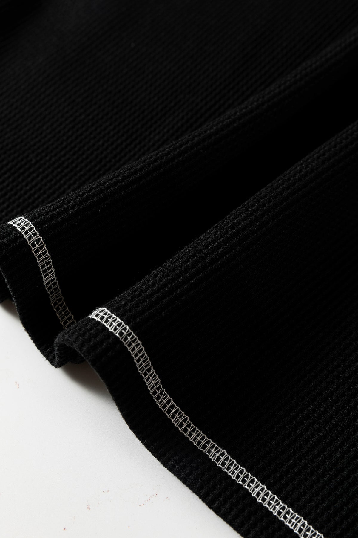 Black Waffle Textured Contrast Trim V Neck Tee