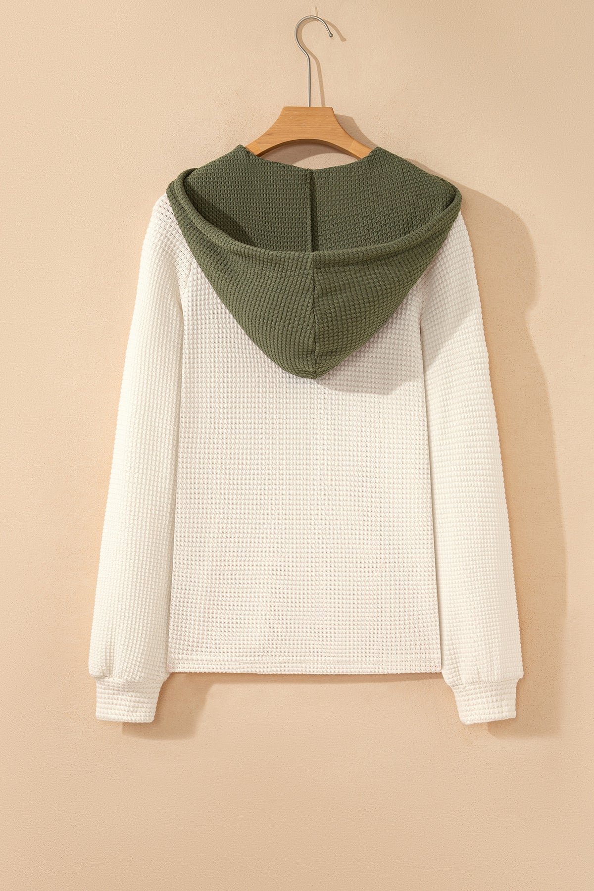 Coffee Waffle Contrast Half Buttoned Hooded Pullover Top