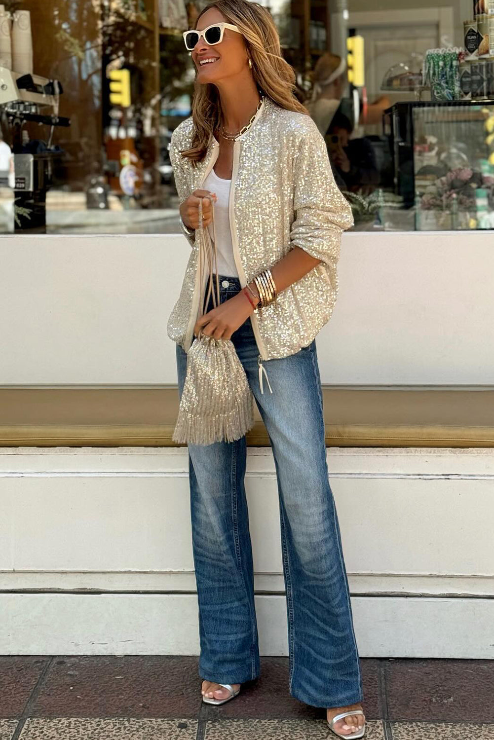 Veste zippée à sequins abricot — touche de glamour