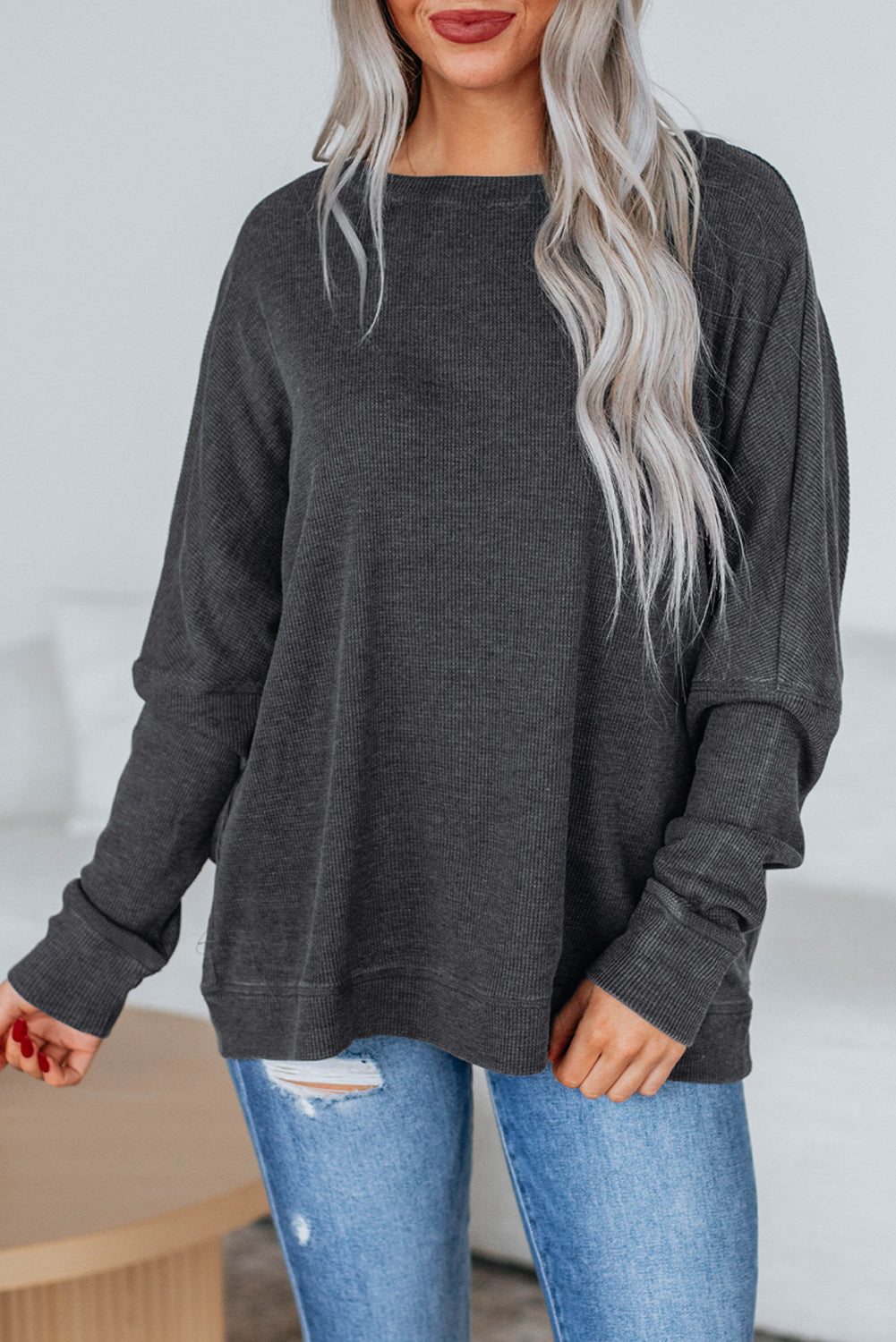 Top en maille gris anthracite à manches longues — coupe ample