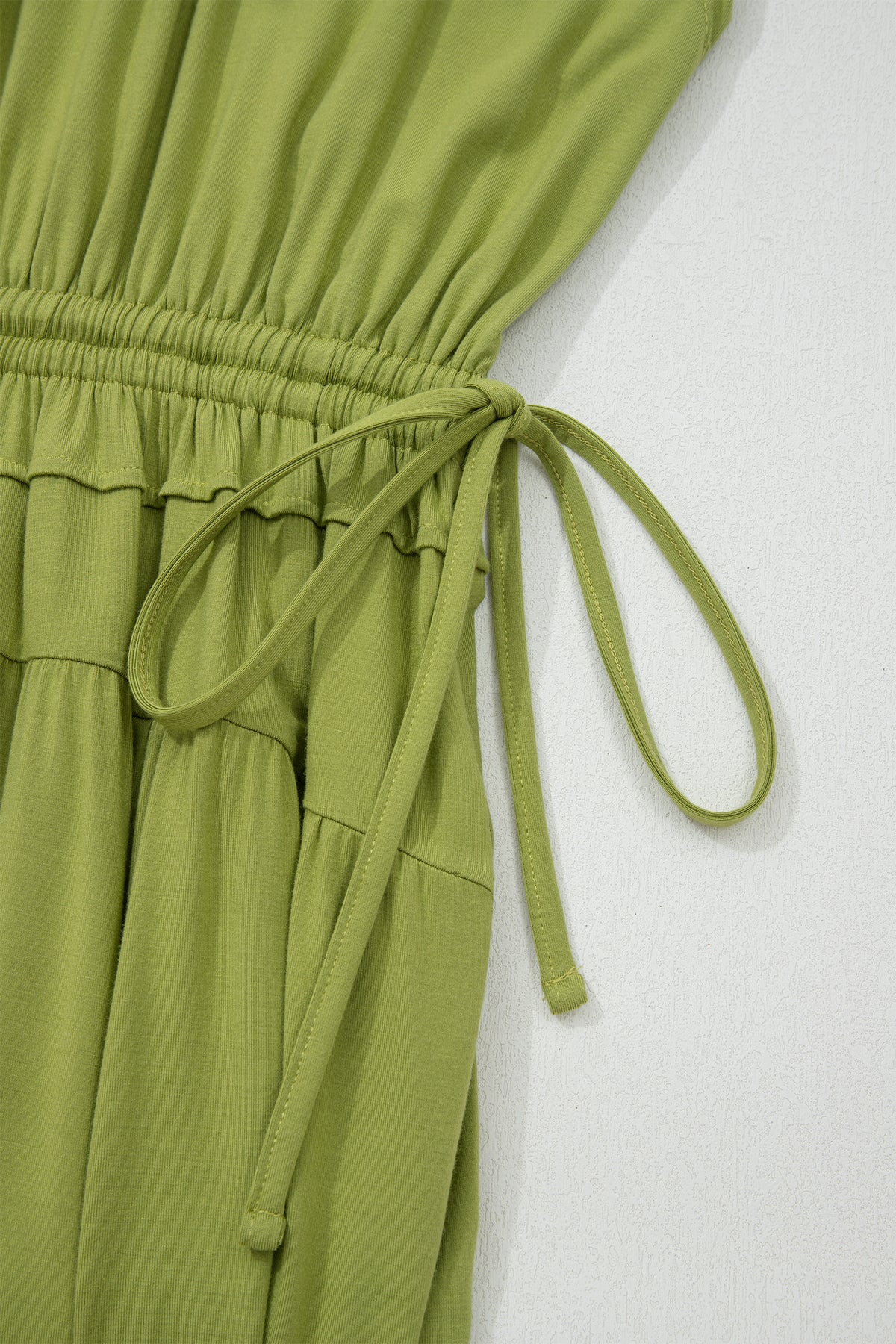 Fern Green Solid V Neck Cap Sleeve Tunic Elastic Waist Versatile Maxi Dress