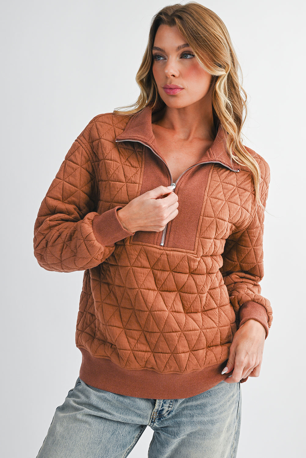 Sweat à col zippé texturé jaune paille — manches longues