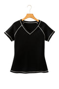 Black Waffle Textured Contrast Trim V Neck Tee