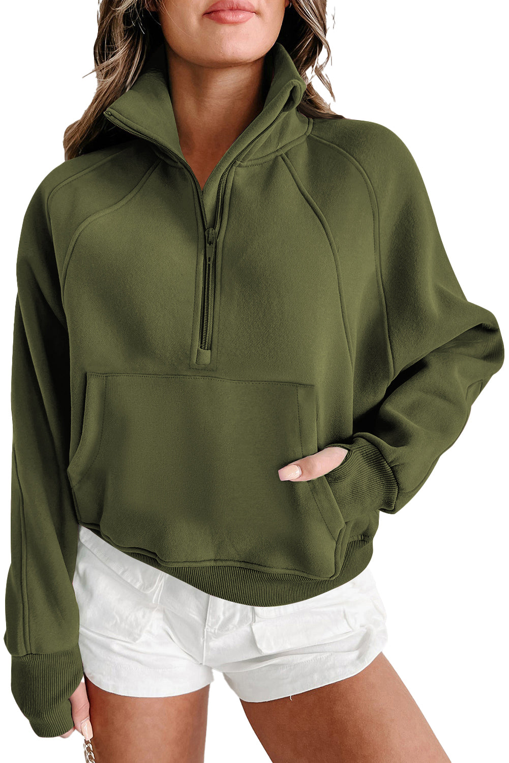 Phalaenopsis Zip Up Stand Collar Ribbed Thumbhole Sleeve Sweatshirt
