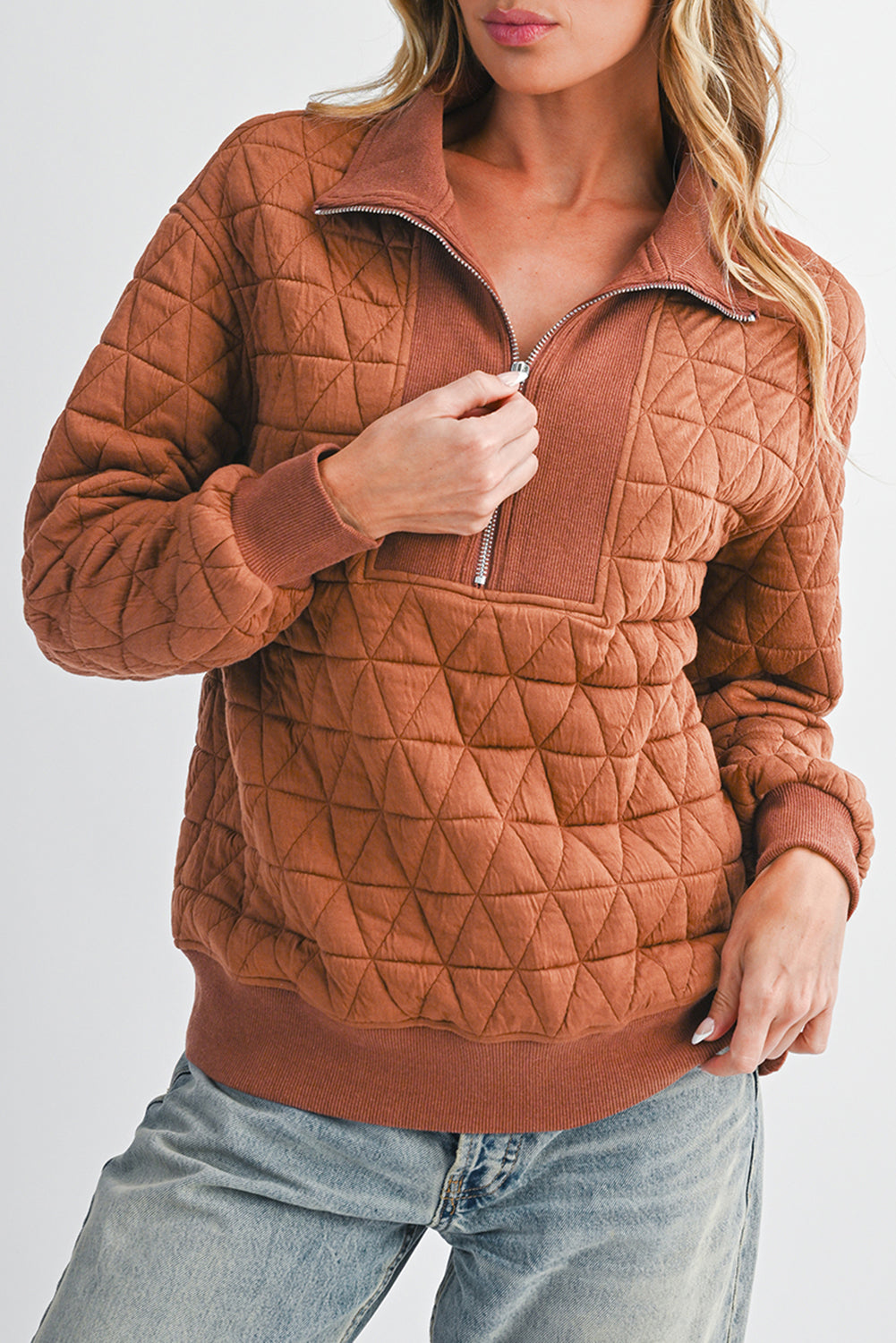 Sweat à col zippé texturé jaune paille — manches longues