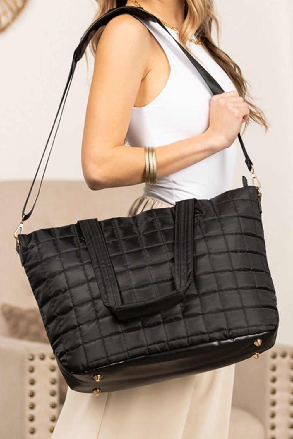 Camel Quilted Patchwork Large Tote Bag and Clutch 2pcs Set