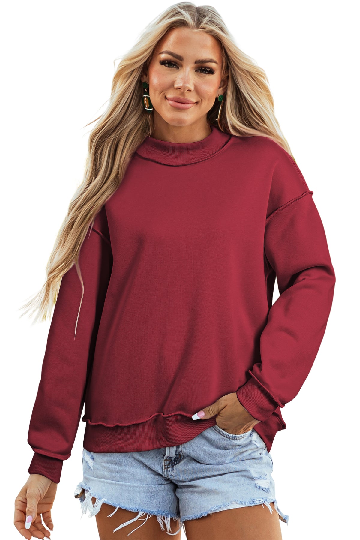 Light Pink Oversize Drop Shoulder Reversible Mock Neck Sweatshirt