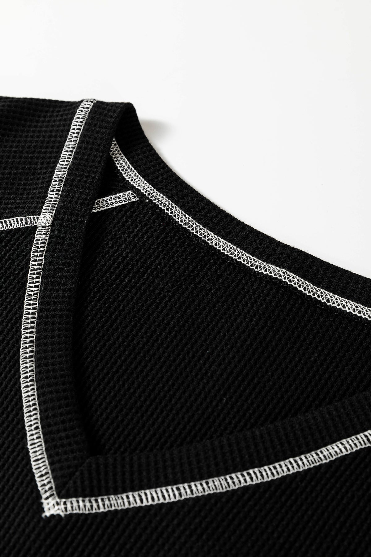 Black Waffle Textured Contrast Trim V Neck Tee