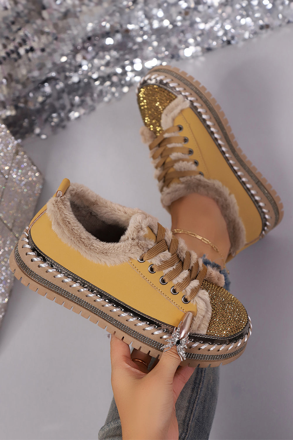Thai Curry Fur Trimmed Patchwork Lace Up Platform Sneakers