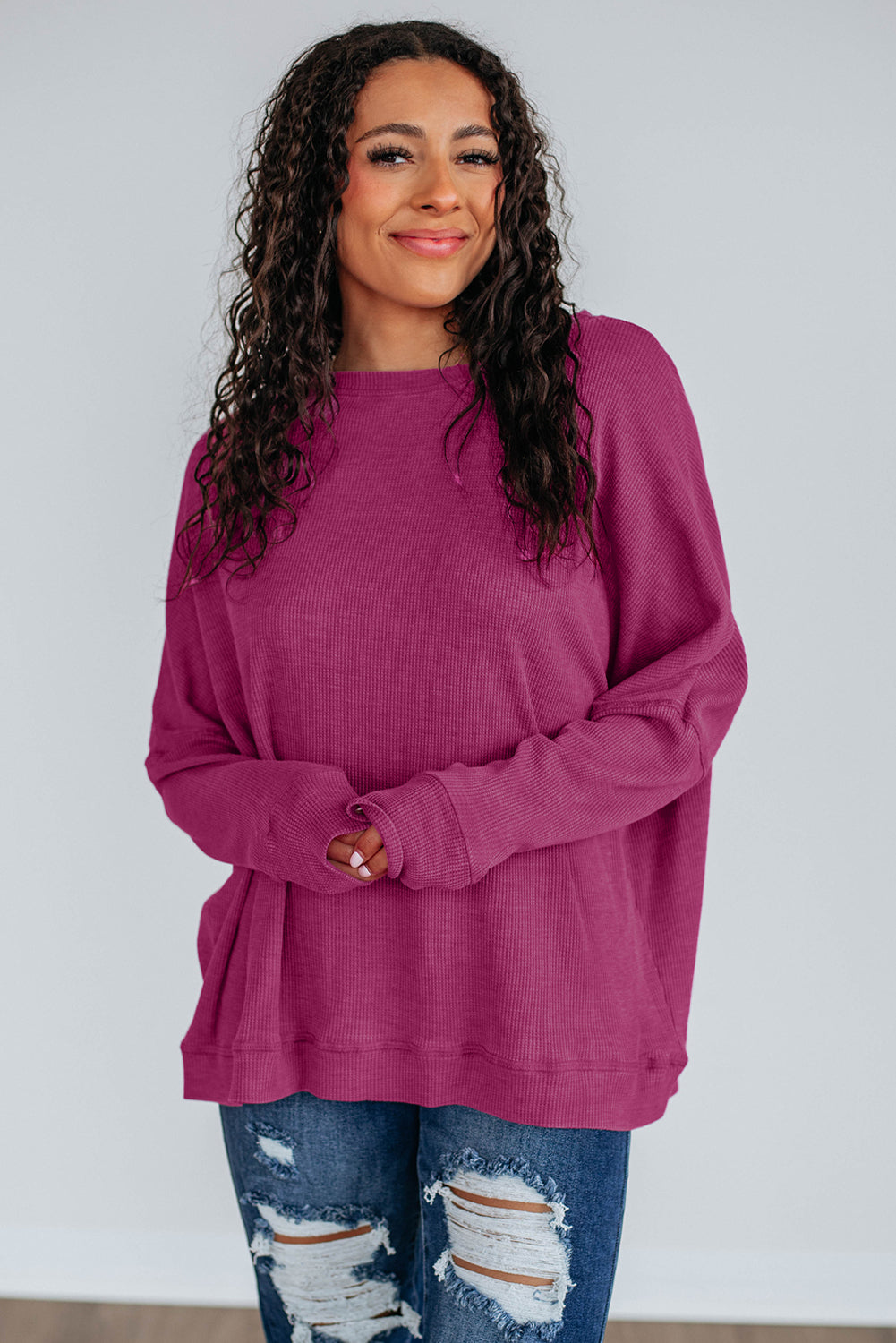Top en maille gris anthracite à manches longues — coupe ample