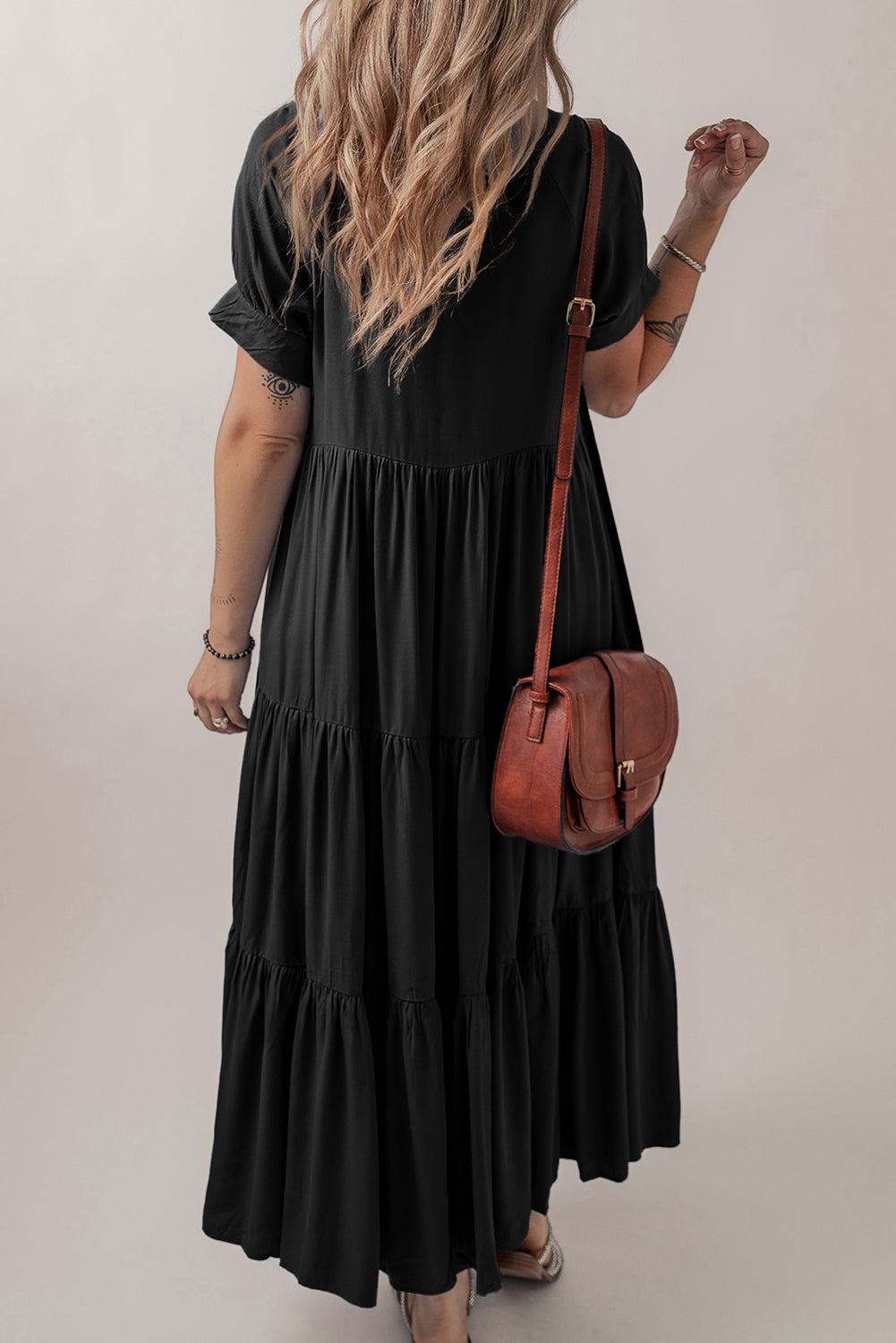Black Hidden Buttons Short Sleeve Ruffle Tiered Long Flared Dress