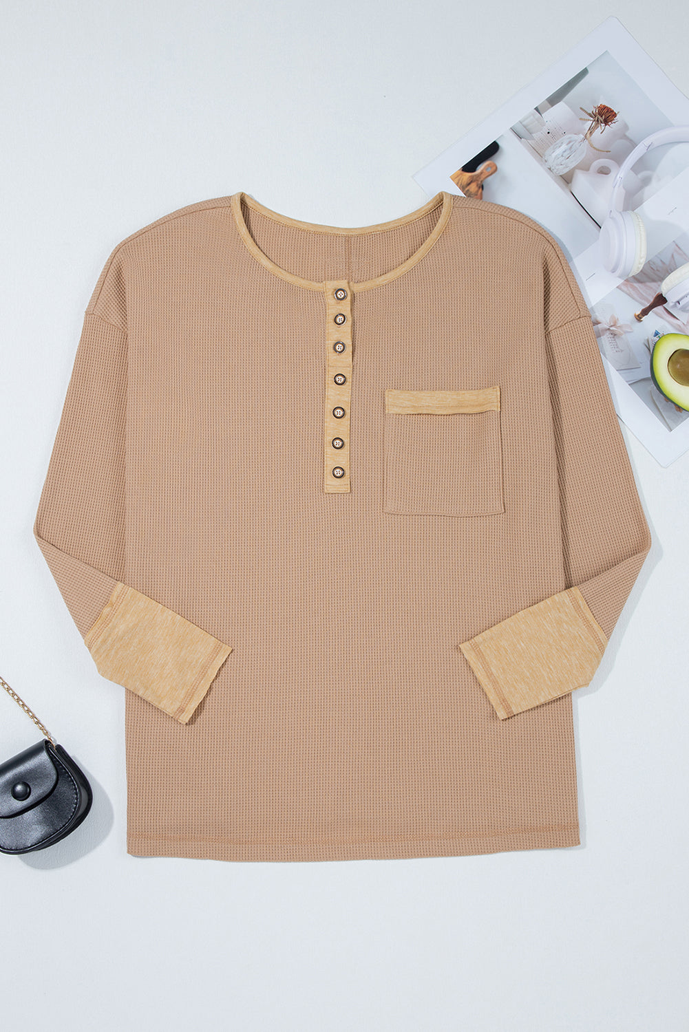 Top tunique henley vert gaufré à manches longues