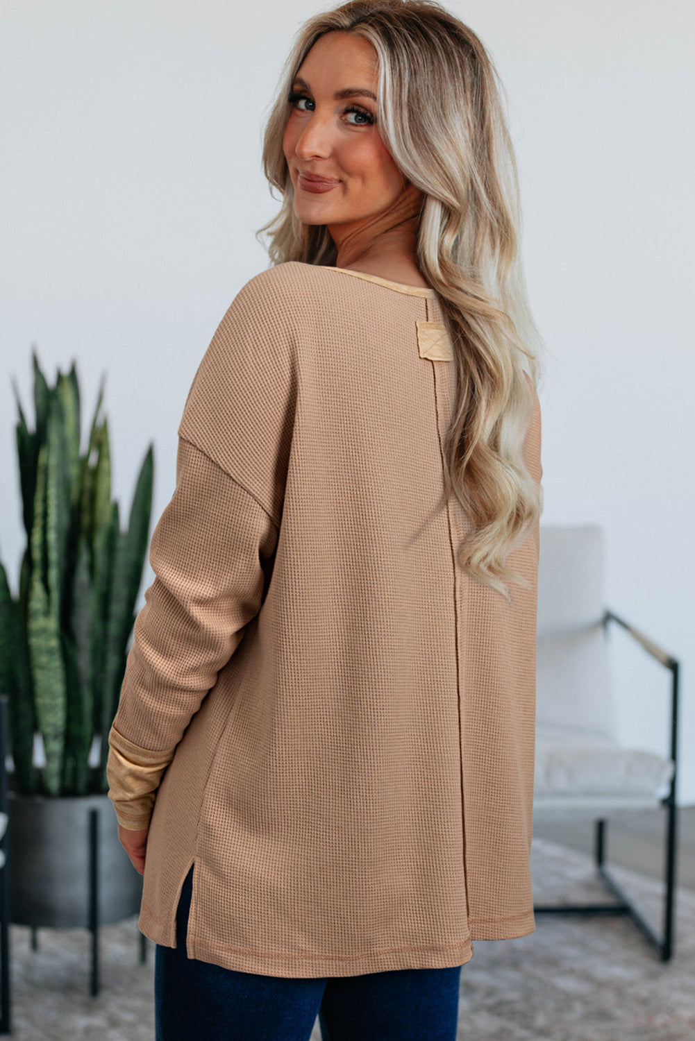 Top tunique henley vert gaufré à manches longues