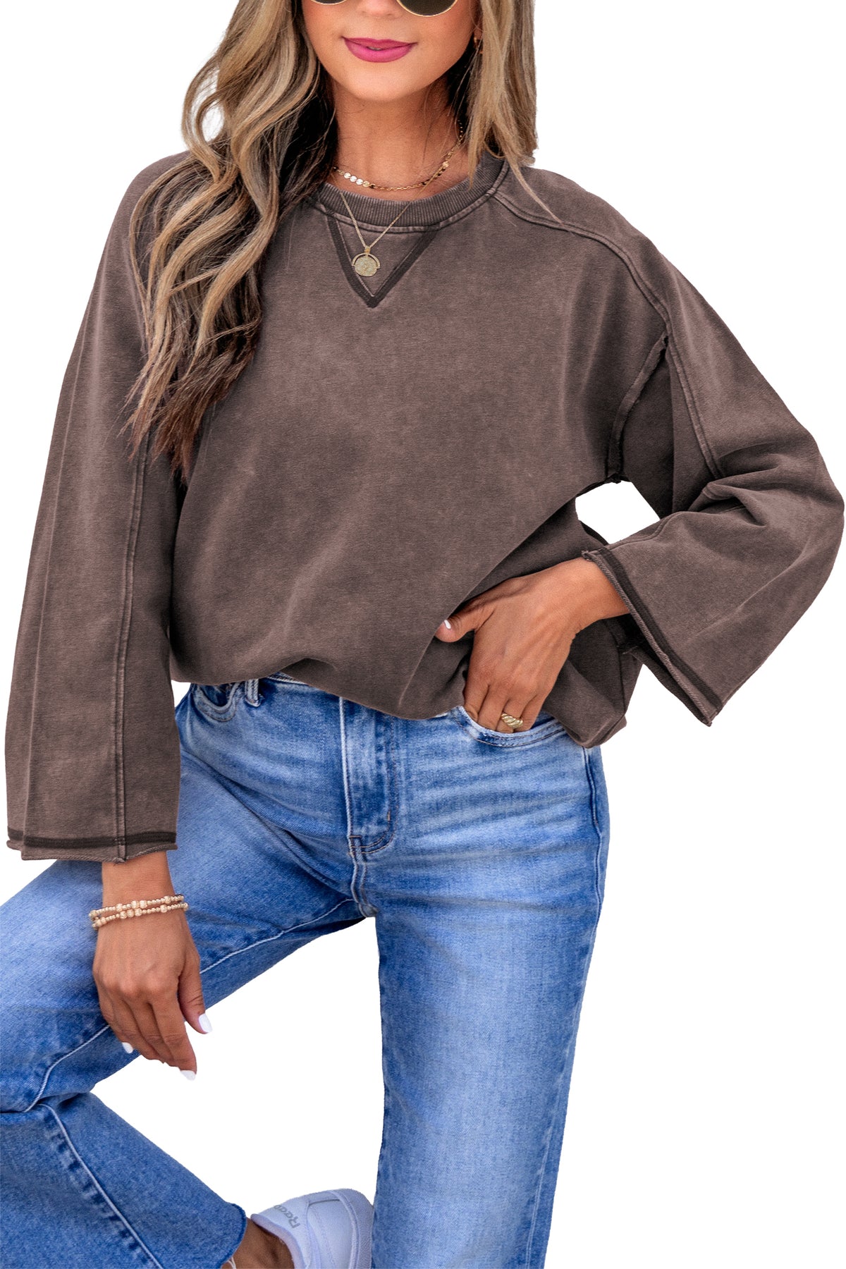Dark Brown 3/4 Sleeve Mineral Wash Loose Cotton Top