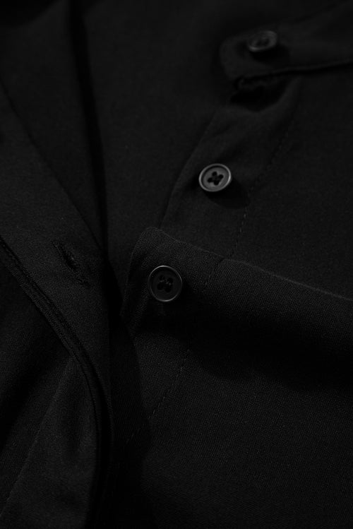 Black Hidden Buttons Short Sleeve Ruffle Tiered Long Flared Dress