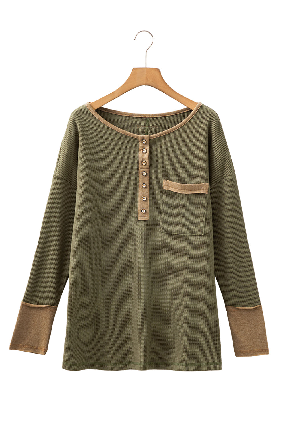 Top tunique henley vert gaufré à manches longues