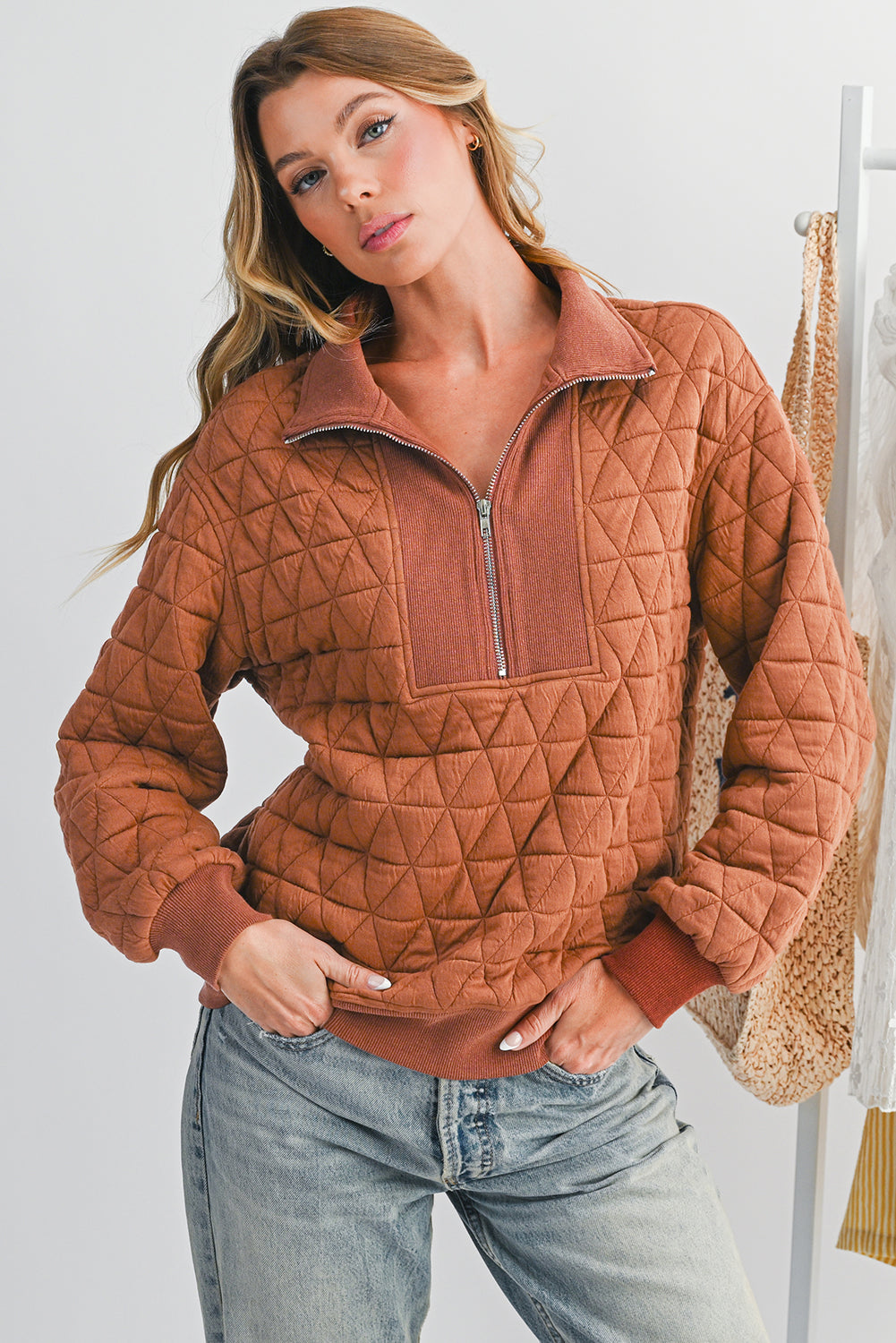 Sweat à col zippé texturé jaune paille — manches longues