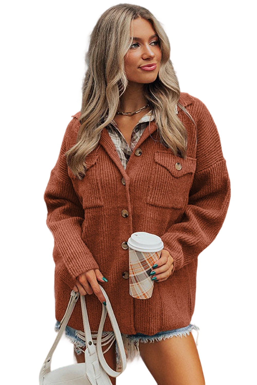 Medium Grey Ribbed Knit Buttons Front Flap Pocket Casual Shacket