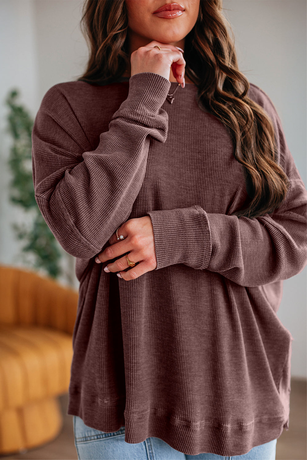 Top en maille gris anthracite à manches longues — coupe ample