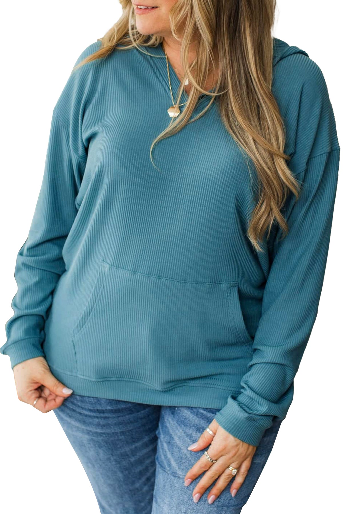 Lapis Ribbed Drop Shoulder Long Sleeve Plus Size Blouse