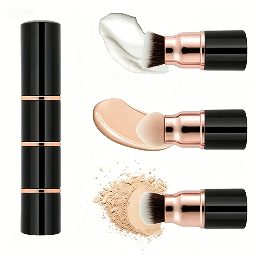 3in1 Mini Portable Makeup Brush with Dust Cap, Detachable Sponge, Angled Foundation & Powder Heads, Bionic Hair, Sturdy Aluminum