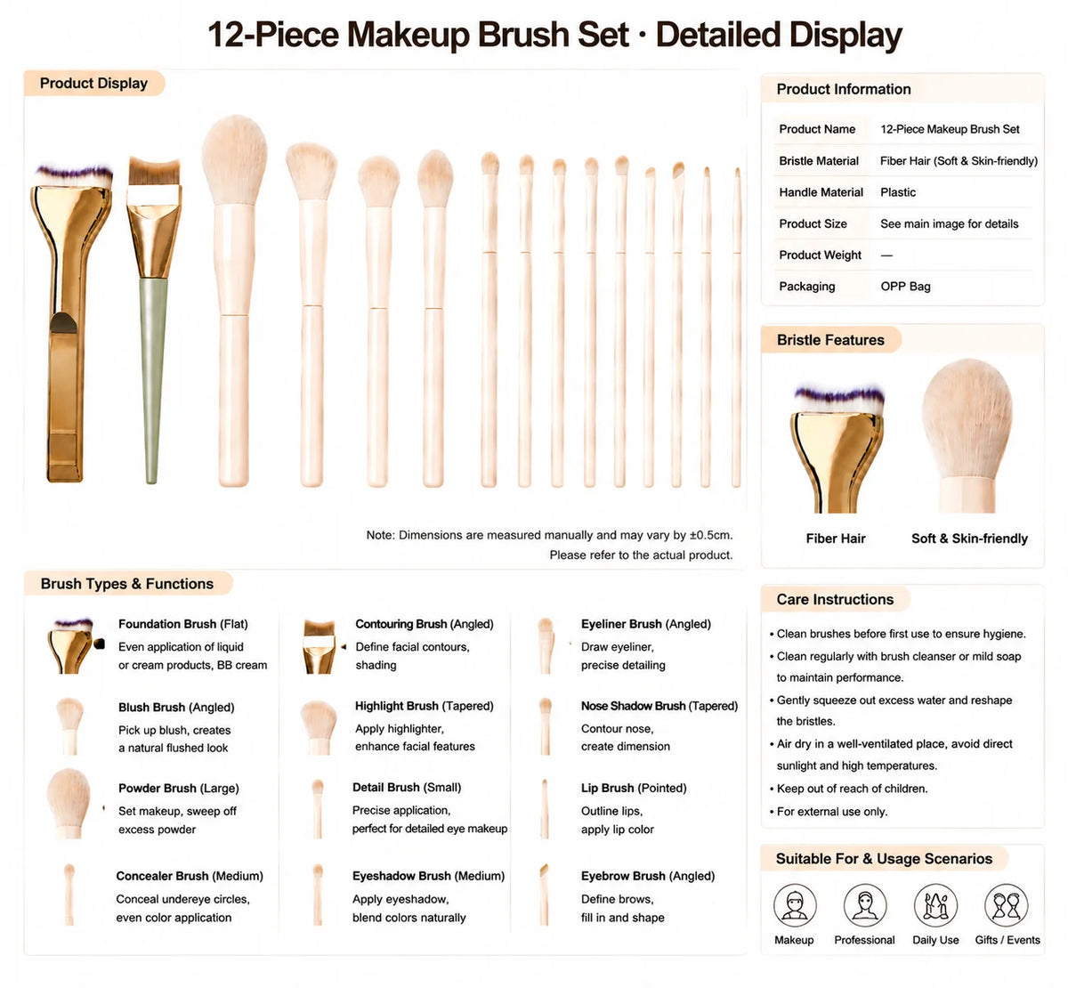 Professional 12PCS Makeup Brush Set with Foundation Brush, Powder Brush, Eyeshadow Brushes for Face & Eye Makeup