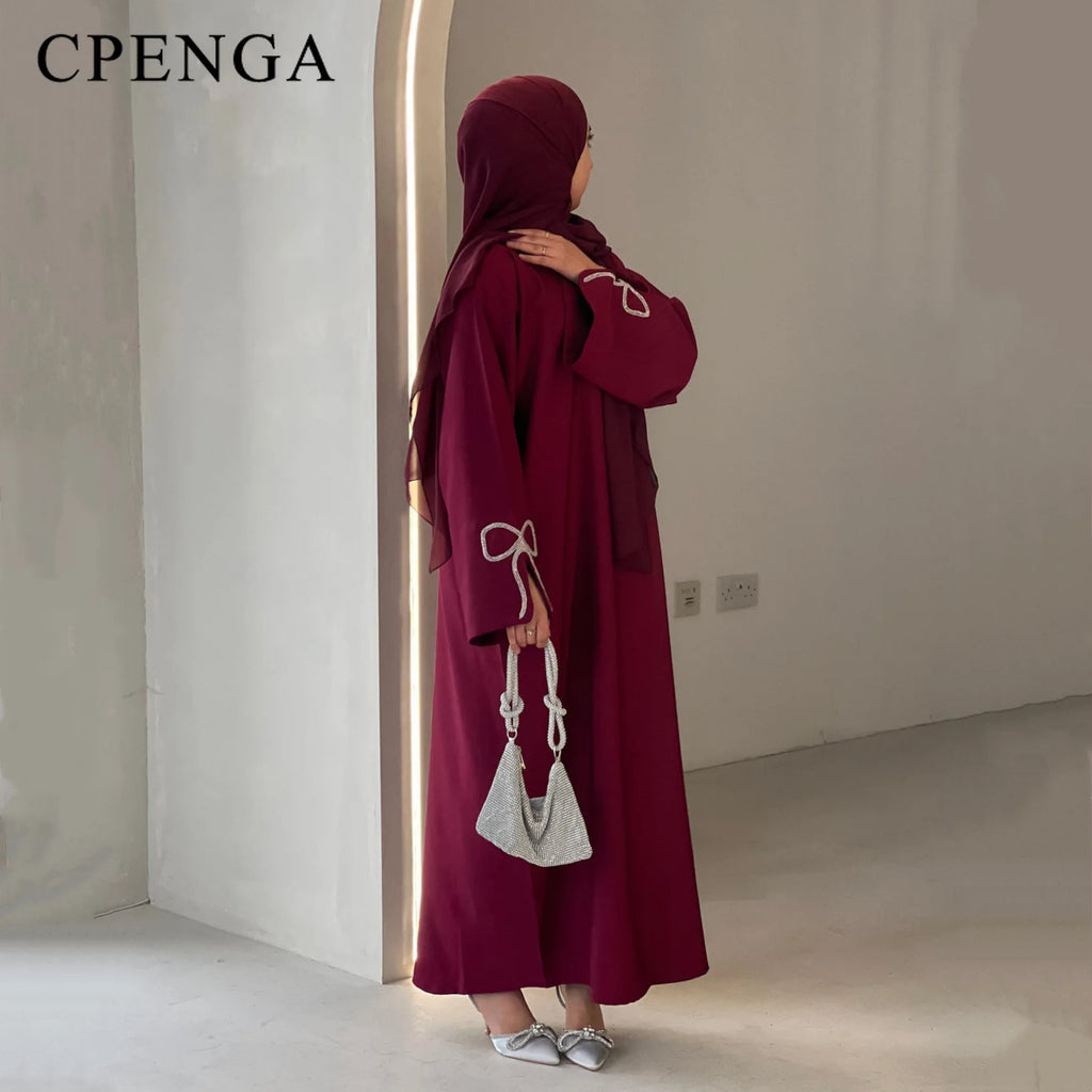 Luxury Studded Dubai Abaya Dress for Women Eid Arabic Muslim Modest Outfit Islam Crystal-embellished Bow Sleeve Robe Turkey Robe