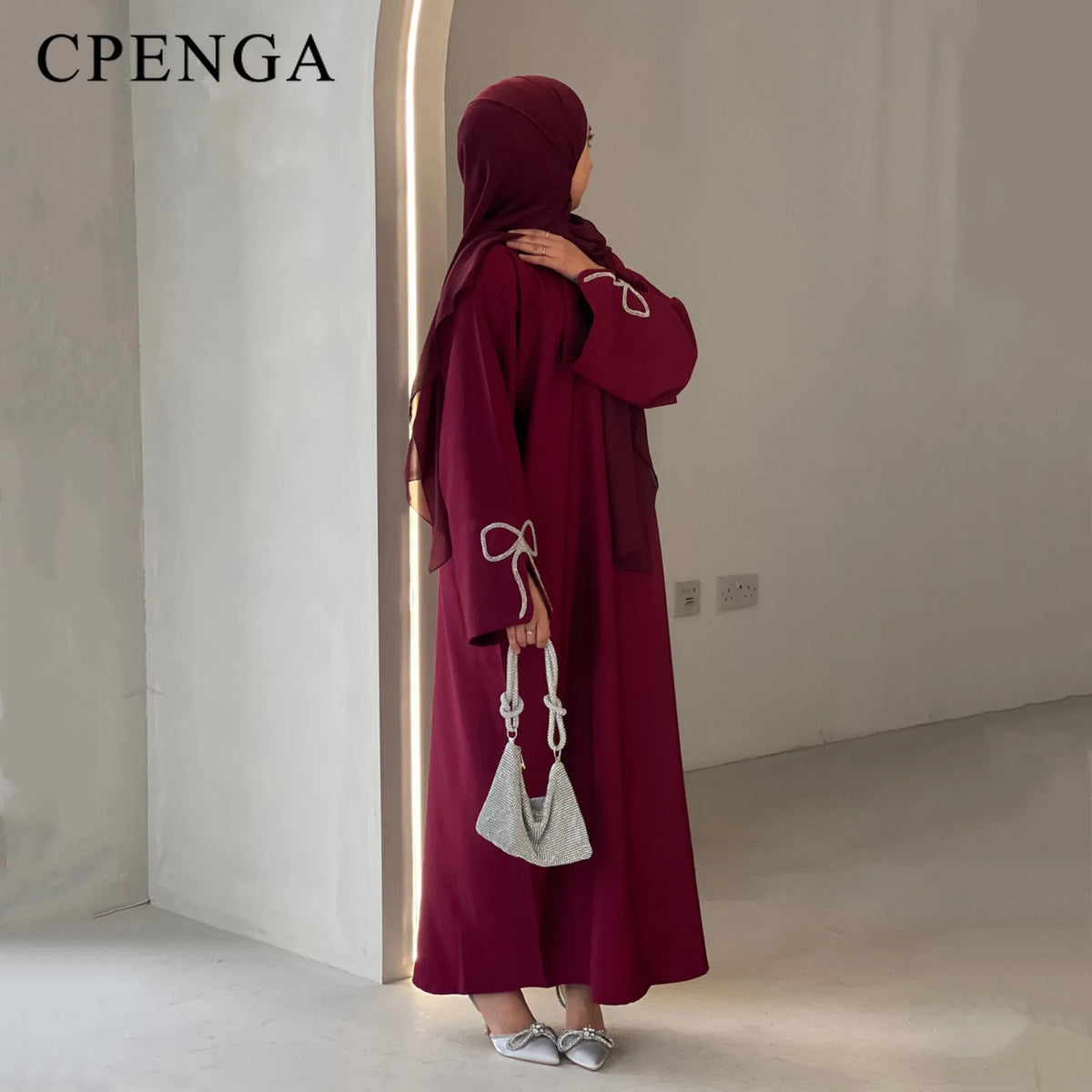 Luxury Studded Dubai Abaya Dress for Women Eid Arabic Muslim Modest Outfit Islam Crystal-embellished Bow Sleeve Robe Turkey Robe