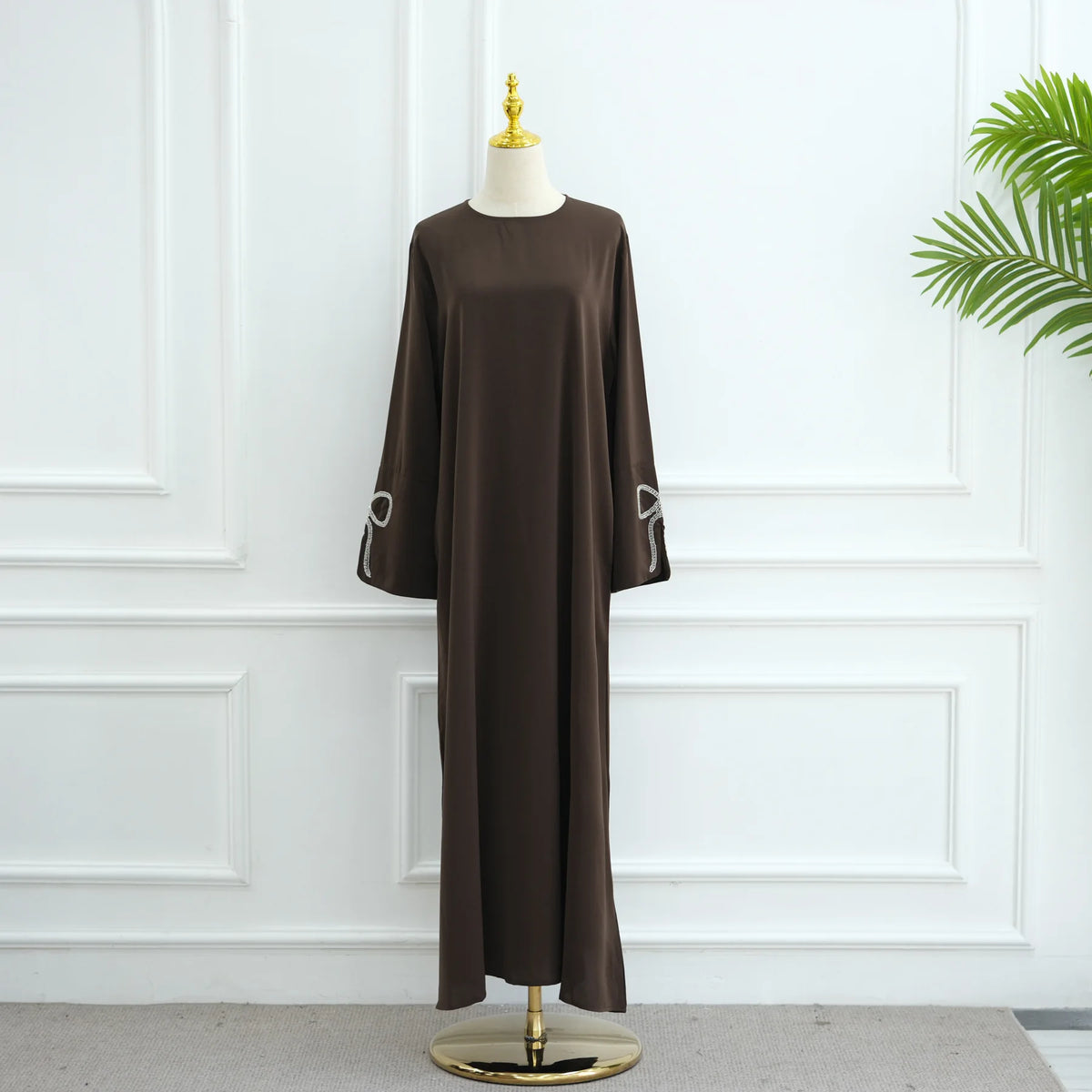 Luxury Studded Dubai Abaya Dress for Women Eid Arabic Muslim Modest Outfit Islam Crystal-embellished Bow Sleeve Robe Turkey Robe
