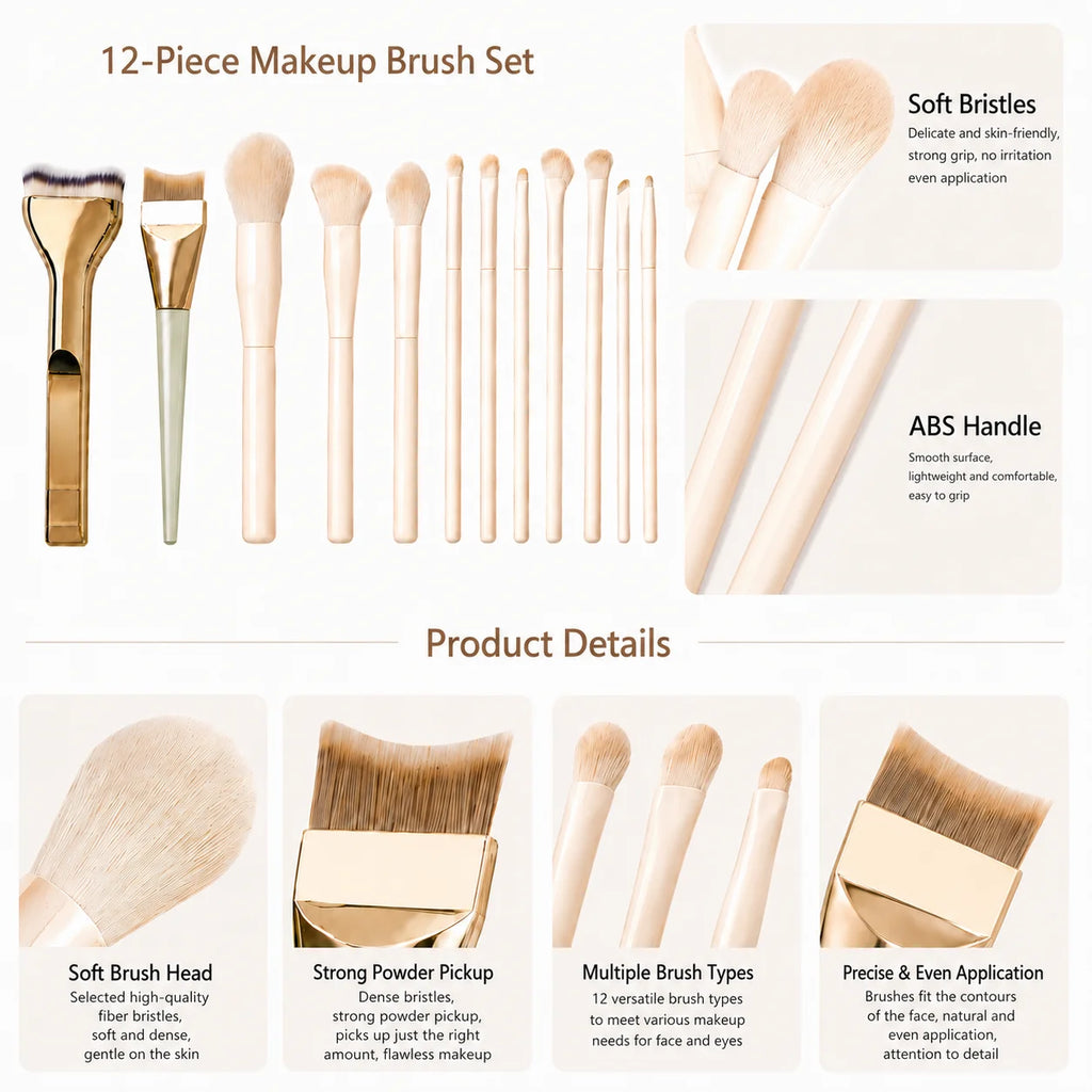 Professional 12PCS Makeup Brush Set with Foundation Brush, Powder Brush, Eyeshadow Brushes for Face & Eye Makeup