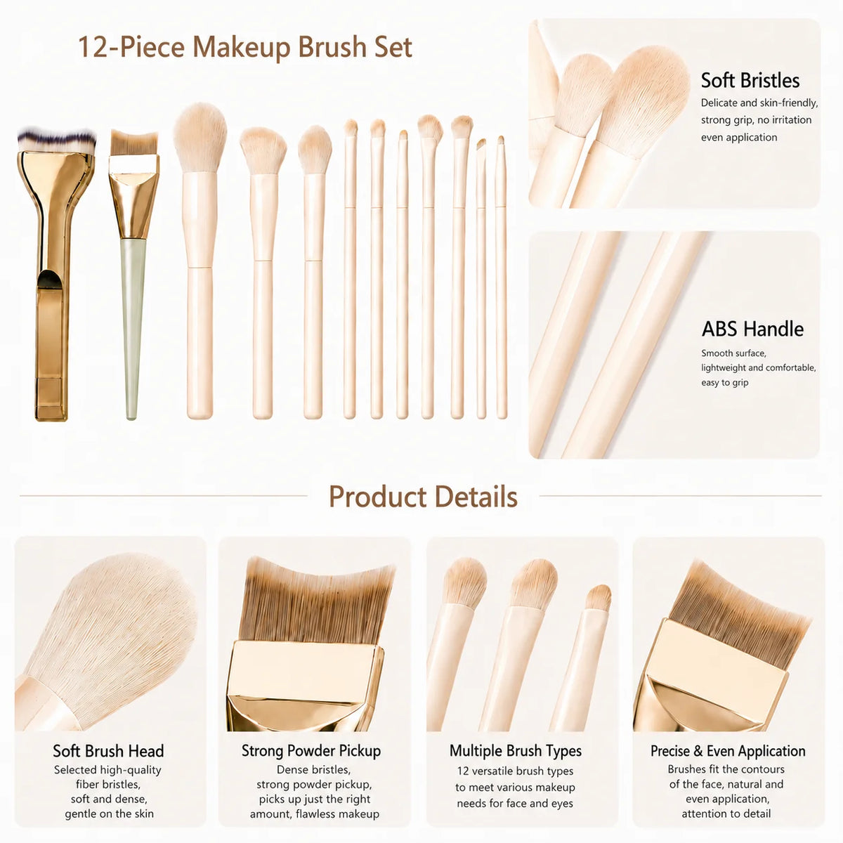 Professional 12PCS Makeup Brush Set with Foundation Brush, Powder Brush, Eyeshadow Brushes for Face & Eye Makeup